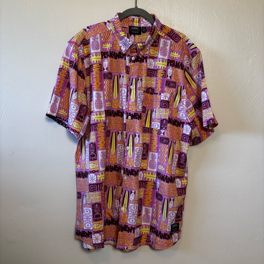 WeSC Unisex Shirt Tiki Hawaiian Vacation Button Down‎ Short Sleeve Pink Orange L